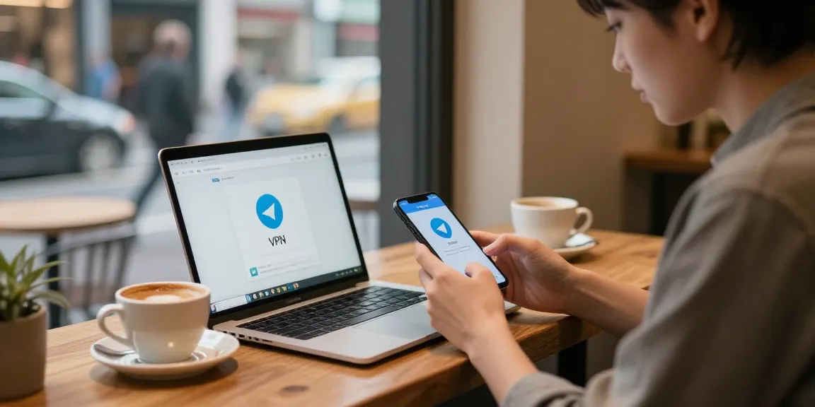 Accessing Telegram in China through a VPN guide, showing a user with a smartphone and laptop in a cozy coffee shop setting.