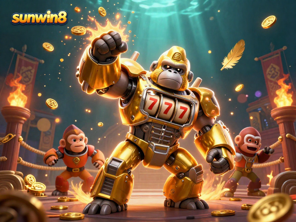 Experience the excitement of sunwin8 gaming with a dynamic 3D transformation scene featuring a golden gorilla mech.