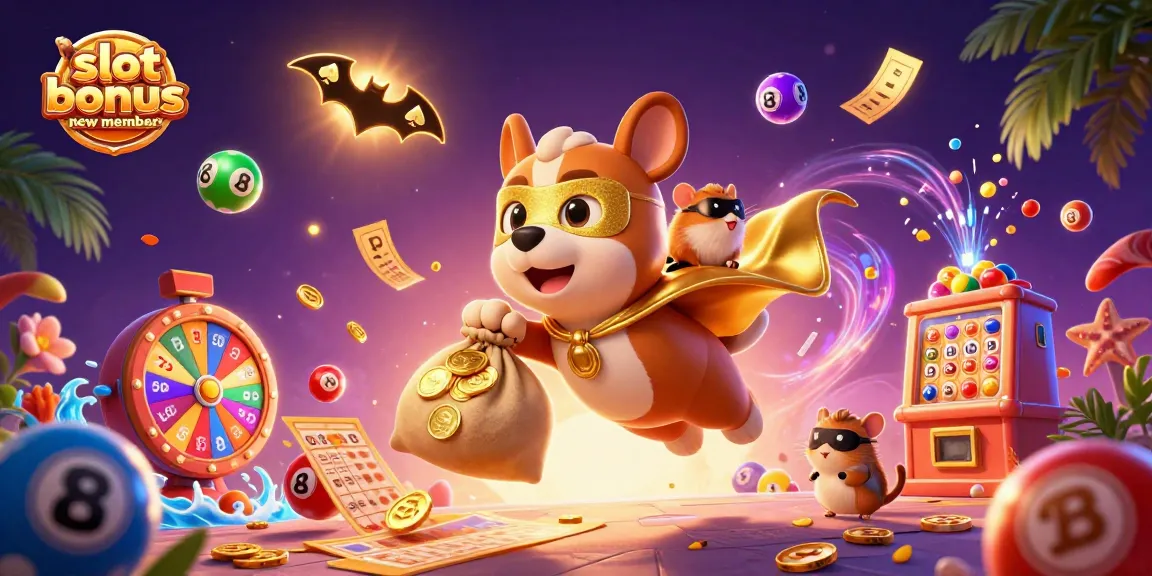 Enhance your gameplay with a slot bonus new member illustration featuring a superhero dog and dynamic casino elements.