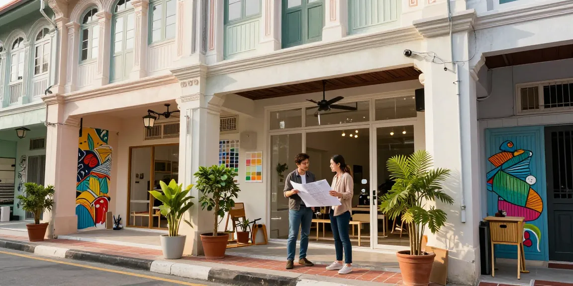 Revamped shophouse showcasing modern renovations with architect discussing plans, highlighting functional design and vibrant atmosphere.