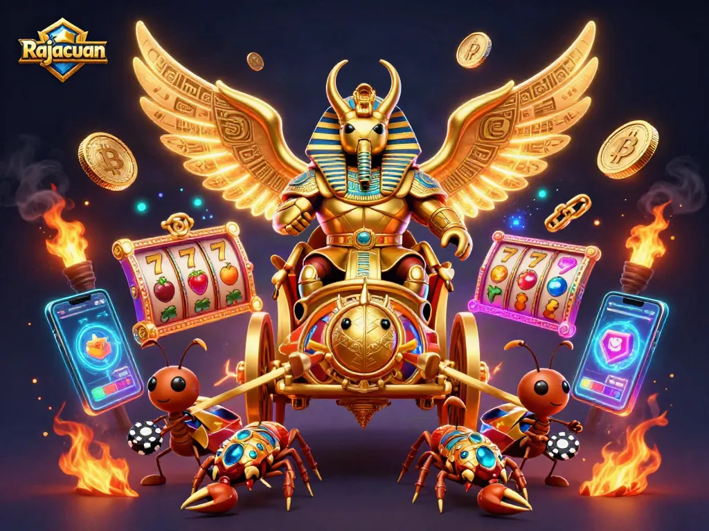 Experience the thrilling allure of Rajacuan with a vibrant casino scene featuring a golden scarab beetle and crypto elements.