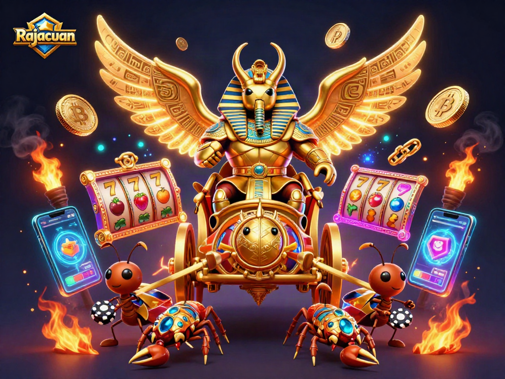 Experience the thrilling allure of Rajacuan with a vibrant casino scene featuring a golden scarab beetle and crypto elements.