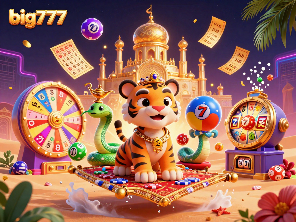 Experience big777 excitement with a vibrant 3D casino scene filled with winning elements and characters