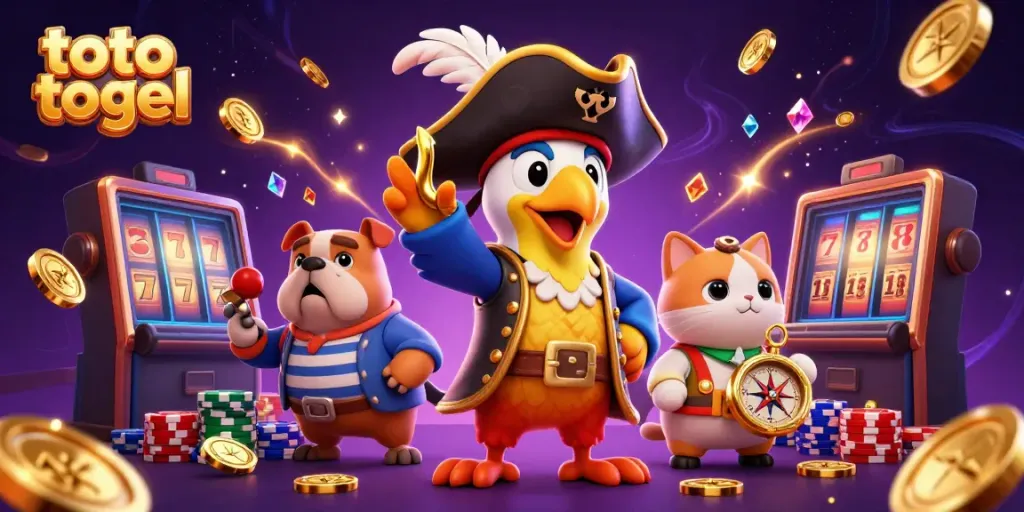 Win big with toto togel in this vibrant animated casino scene featuring a pirate, bulldog, and cat!