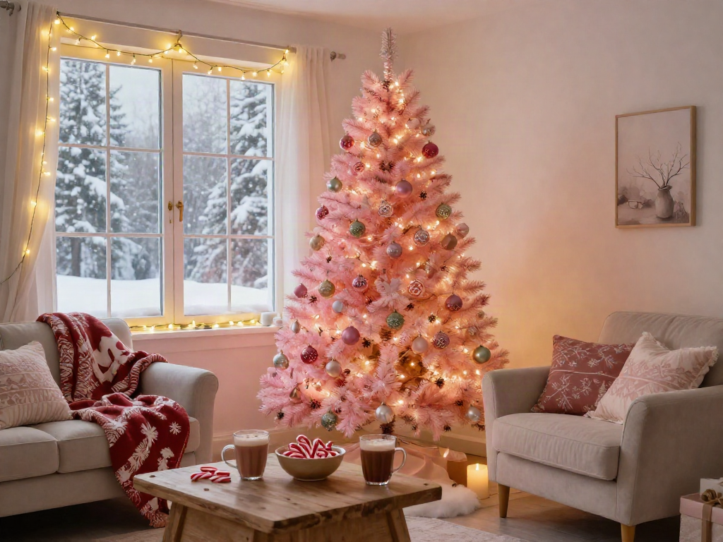 Vibrant pink pre lit xmas trees decorated with twinkling lights in a cozy holiday living room.