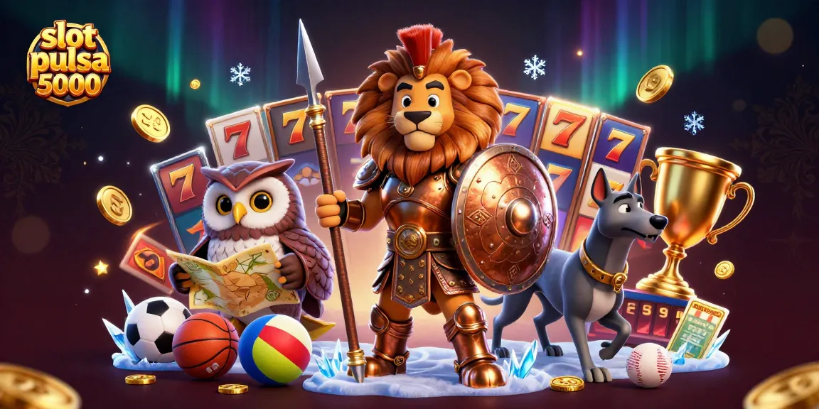 Menangkan permainan slot pulsa 5000 dengan slot reels dan karakter menarik di latar belakang glamor.