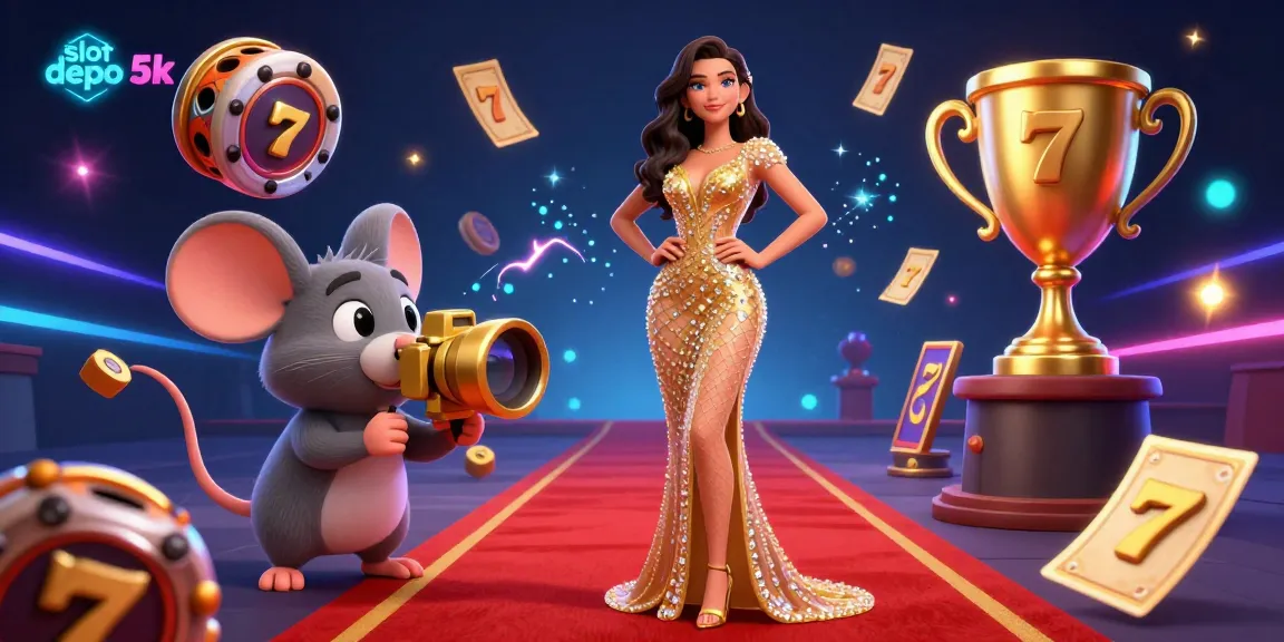 Experience the thrill of slot depo 5k with vibrant visuals of a stunning woman and dynamic slot elements.