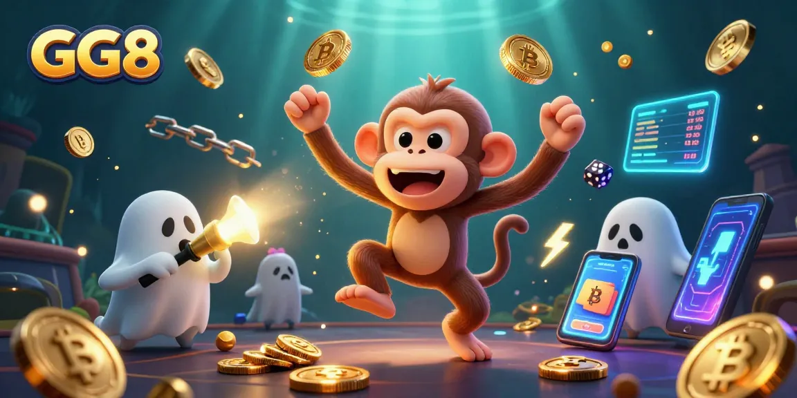 Experience the thrill of GG88 in a captivating haunted casino scene featuring playful poltergeist monkey and curious ghost-hunter puppy.