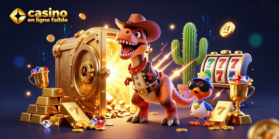 Plongez dans le monde des jeux avec ce T-Rex cowboy et ses amis qui découvrent un casino en ligne fiable plein de trésors.