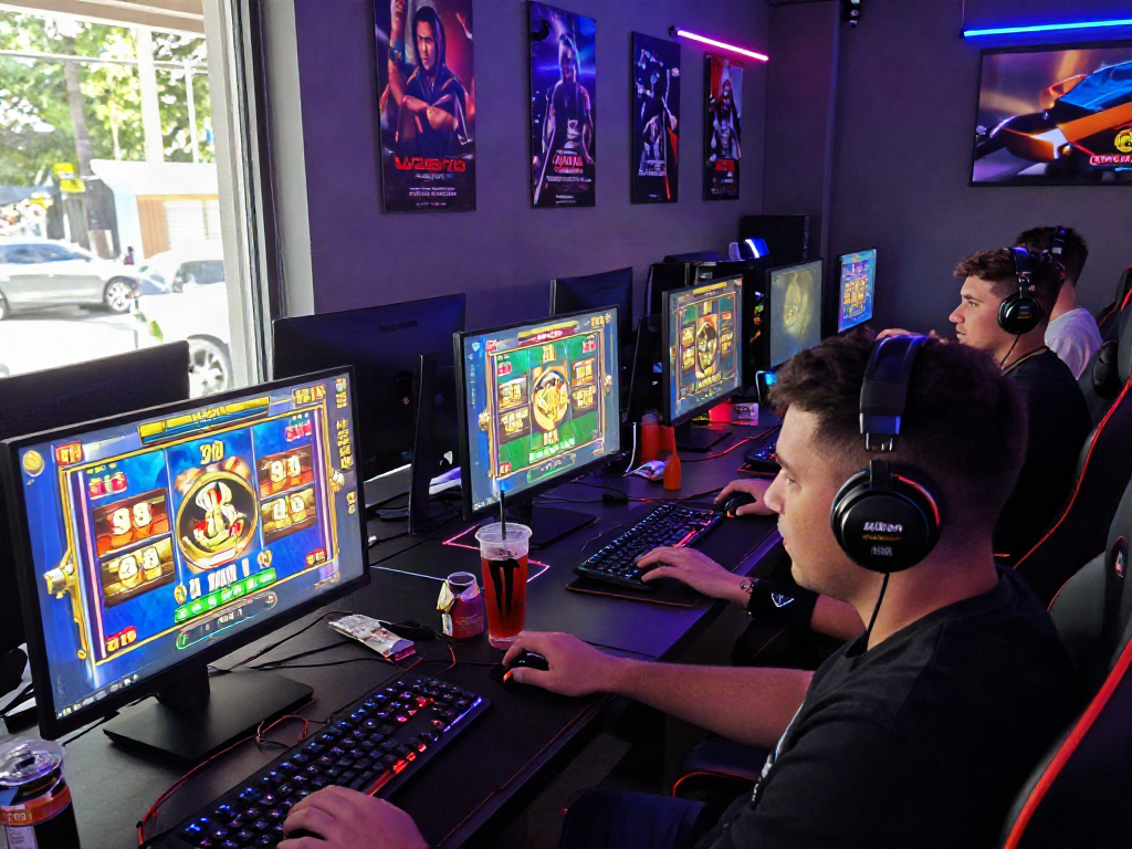Exciting scene of players enjoying slot gacor games in a vibrant gaming environment with colorful screens and accessories.