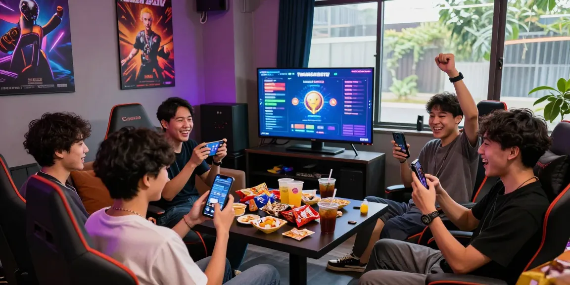 Friends celebrating while playing tambakbet togel in a lively gaming lounge.