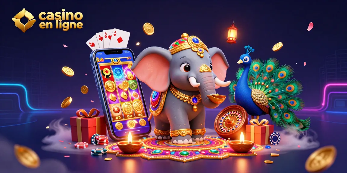 Pariez sur un casino en ligne avec cette illustration vibrante où un éléphant orné et un paon interagissent avec des jeux captivants.