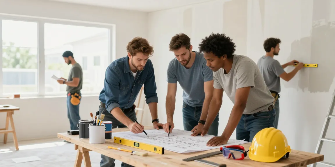 Diverse team engaged in general contracting work, showcasing professional renovation project activities.