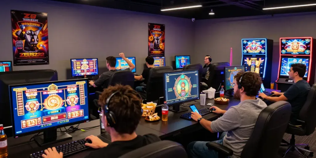 ZEUS222 situs slot gacor dengan pemain merayakan kemenangan di lounge modern