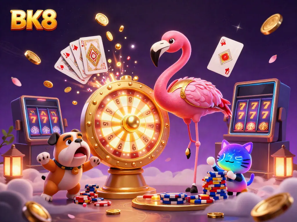 Spin to win at BK8 with dynamic casino elements and delightful characters in a vibrant scene.