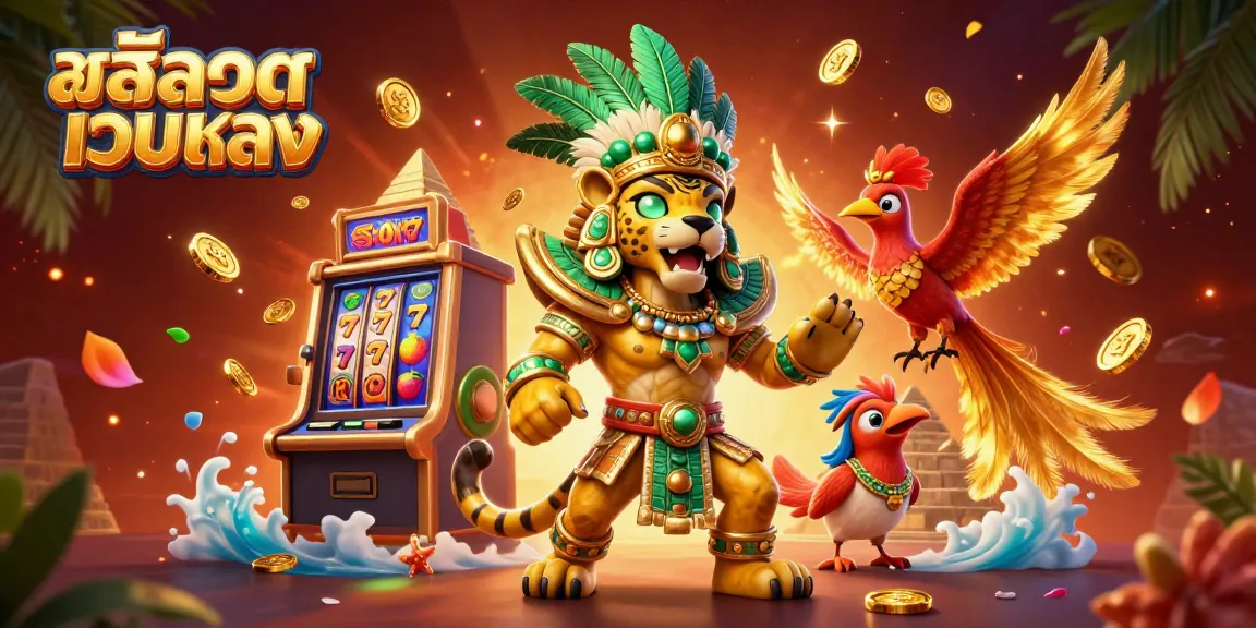 Spin the reels of สล็อตเว็บตรง with a vibrant scene showcasing a Mayan priest and a quetzal bird amidst jackpots and slot elements.