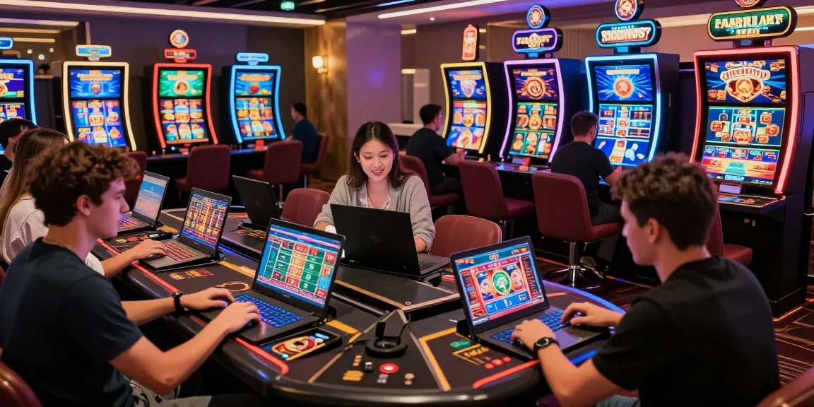 Des joueurs engagés profitant des jeux de casino en ligne sur des ordinateurs portables modernes, avec des graphismes vibrants et une atmosphère colorée
