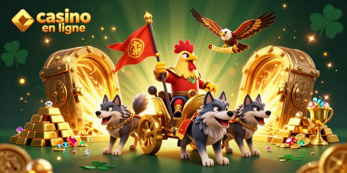 Casino en ligne : Illustration 3D captivante du roi coq au chariot doré parmi les richesses des jeux.