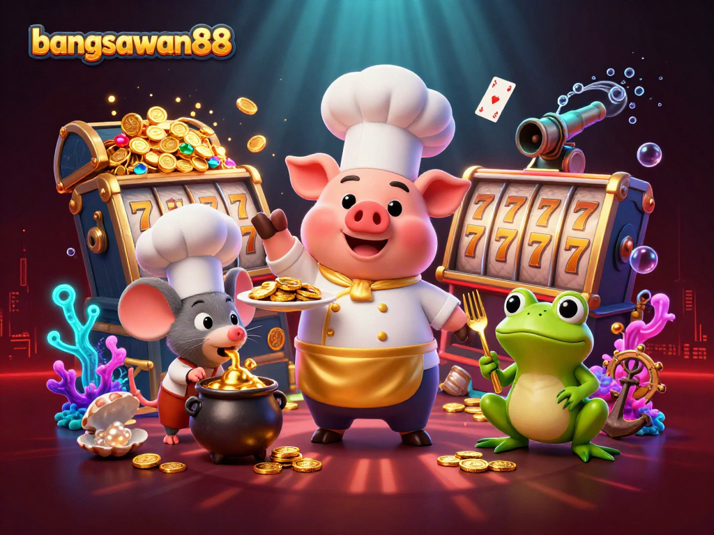 Experience thrilling gameplay with bangsawan88's immersive casino illustration featuring gold coins and slot reels.
