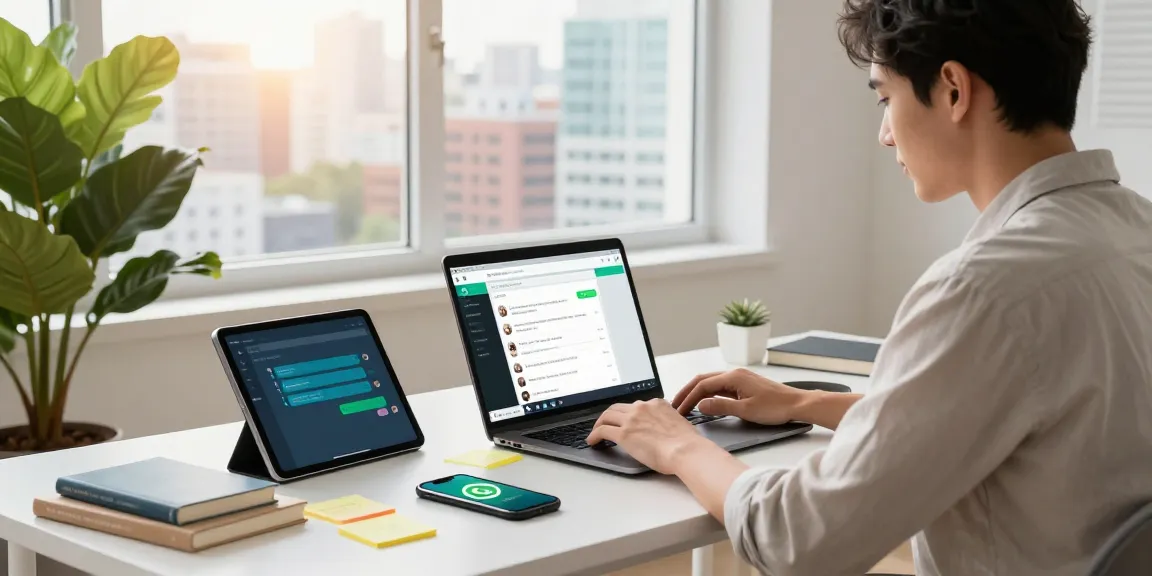 Professional using WhatsApp網頁版 on a laptop in a bright office, city view.