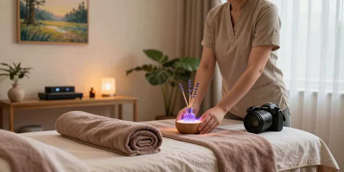 Massage room setup for 출장안마 therapy session with calming atmosphere and essential oils.