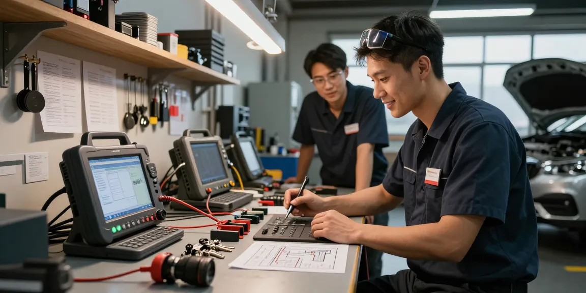 Diagnosing contactslot probleem in automotive workshop with tools and technicians.