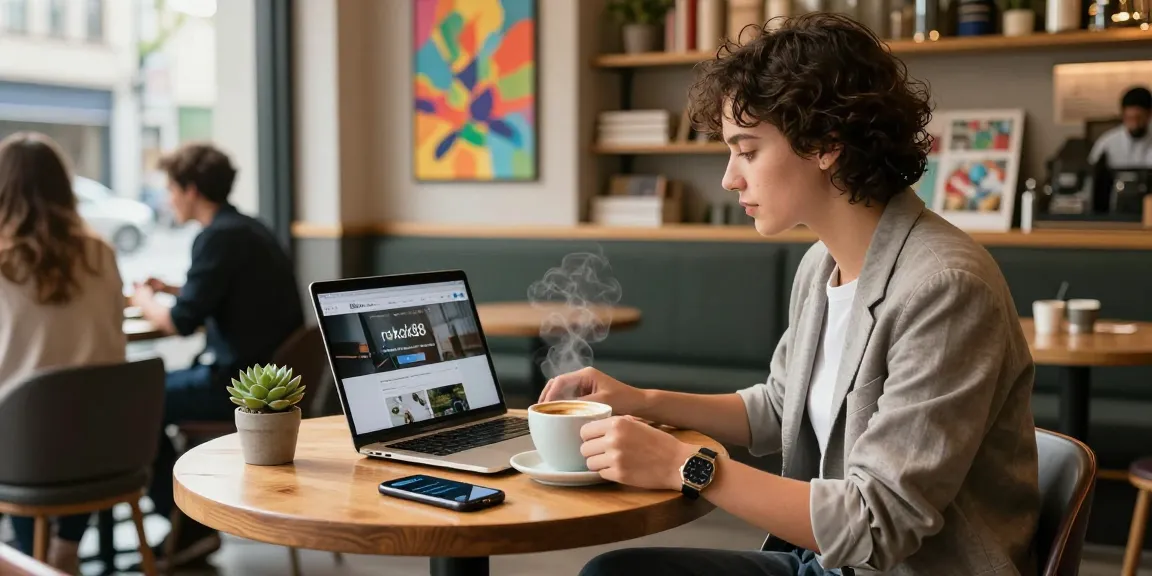 Professional environment showcasing rokok88 website, stylish young adult working at café with laptop and artisan coffee.