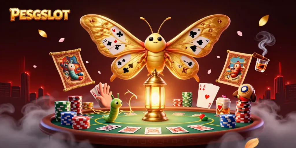 Goreng slot dengan PESGSLOT, kupu-kupu atlas 3D bersinar dan elemen kasino berkilau.