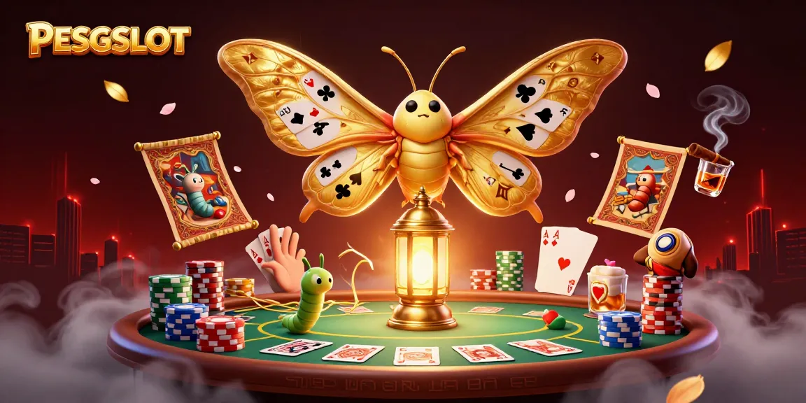 Goreng slot dengan PESGSLOT, kupu-kupu atlas 3D bersinar dan elemen kasino berkilau.