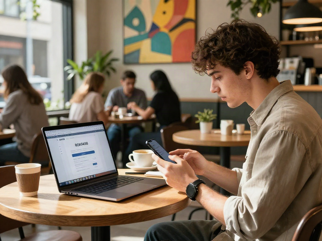 Person using rokok88 login on smartphone at a vibrant café, laptop nearby showcasing user-friendly interface.