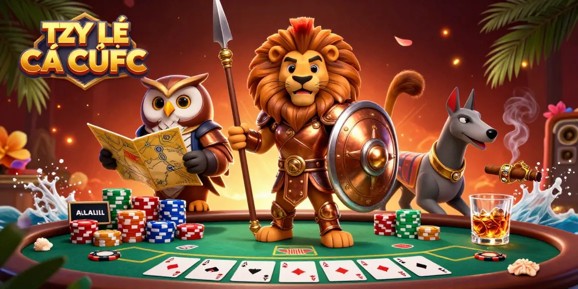 Engage with the TỶ LỆ CÁ CƯỢC scene where a Spartan lion leads a strategy at a poker table filled with vibrant chips and cards.