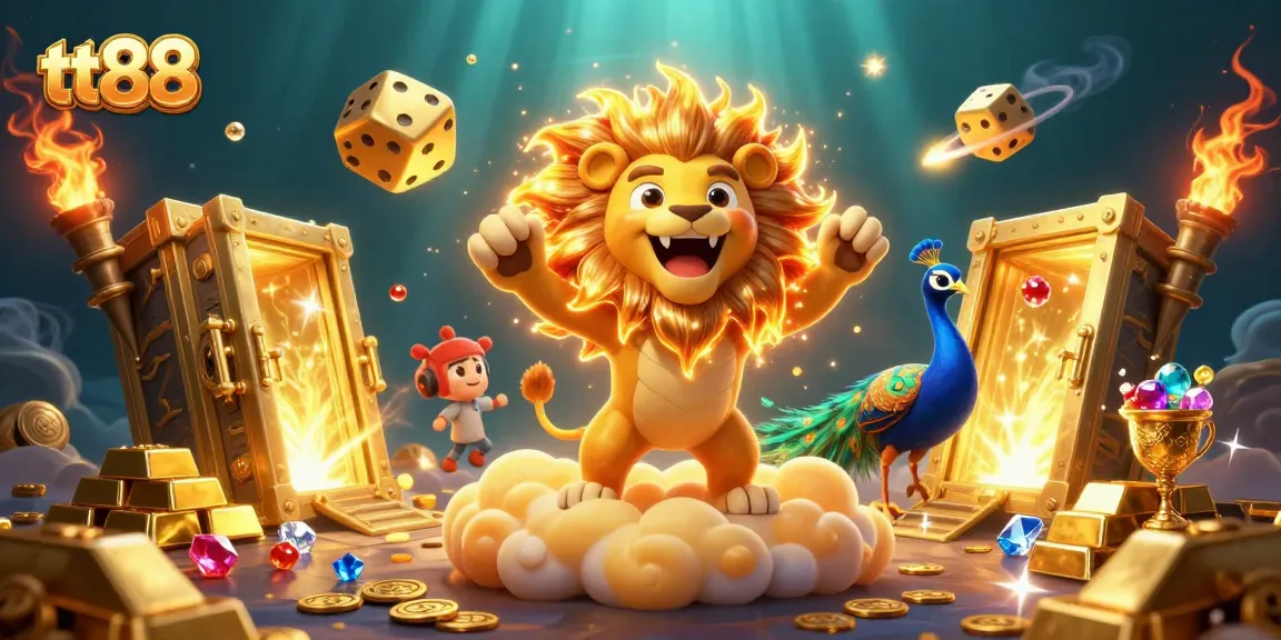 Experience the thrill of gambling with tt88's dynamic casino illustration, featuring a triumphant sun lion amidst treasures.