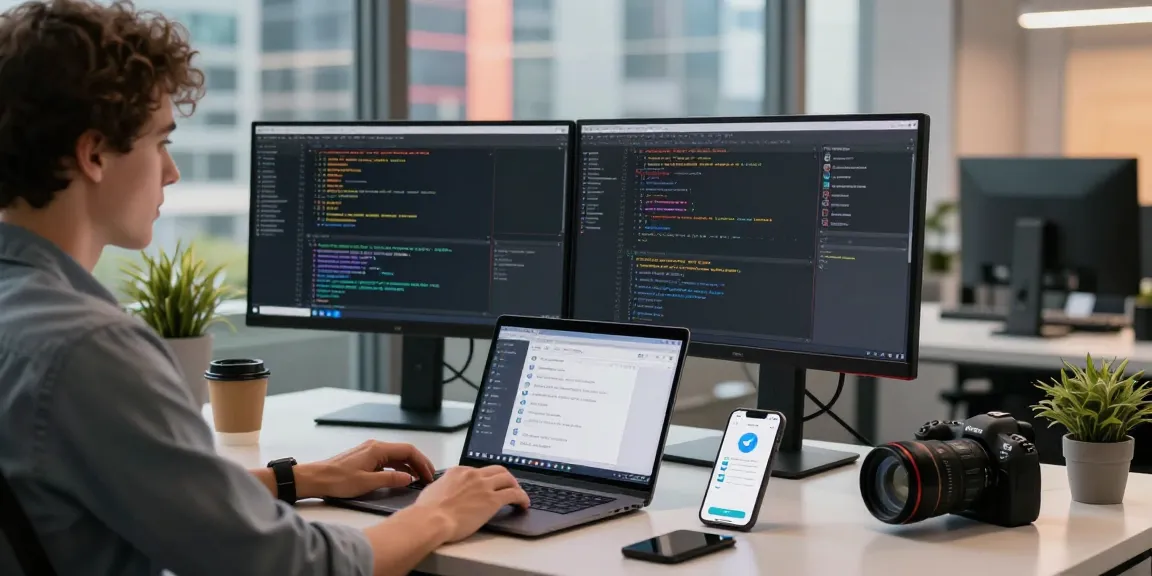Professional workspace featuring the 纸飞机中文版 interface, showcasing a developer engaging with coding and tech tools in a modern office.