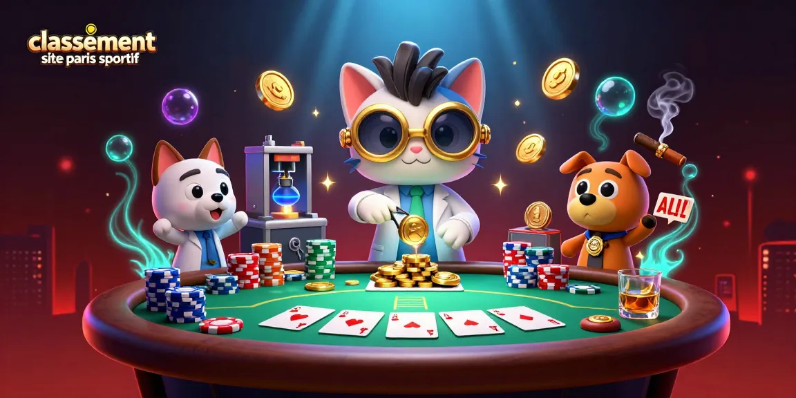 Illustration de classement site paris sportif avec un chat fou et un chien dans un laboratoire entourés d'éléments de poker.
