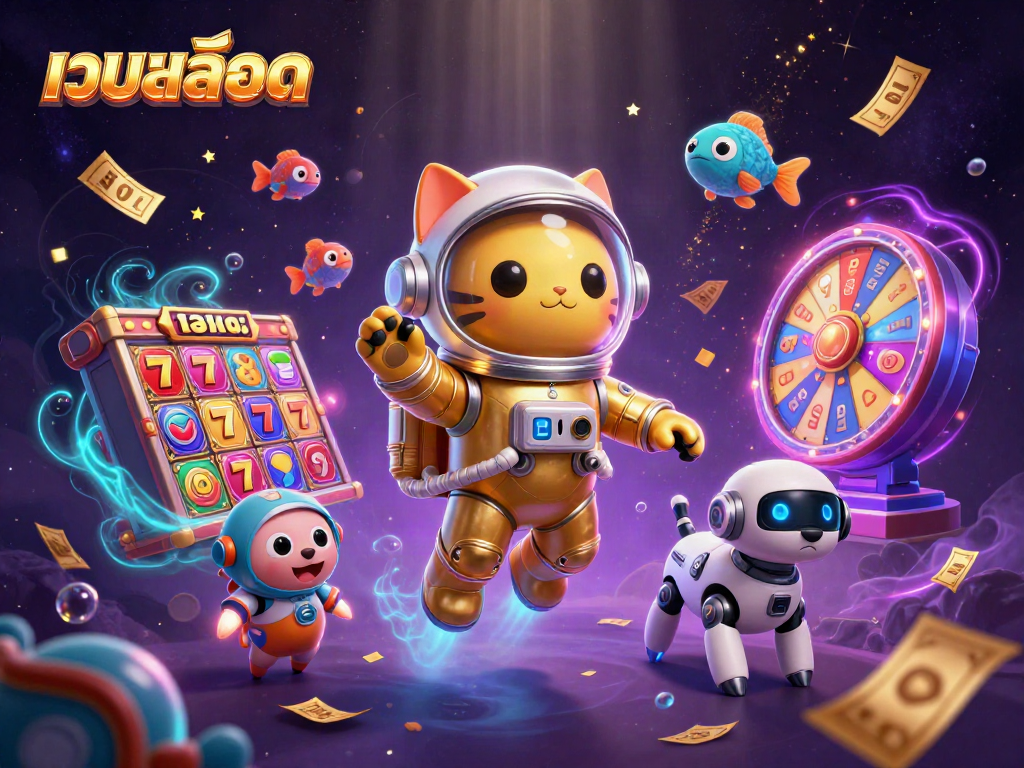 Experience the excitement of เว็บสล็อต with a 3D astronaut cat and robot dog in a vibrant casino universe.