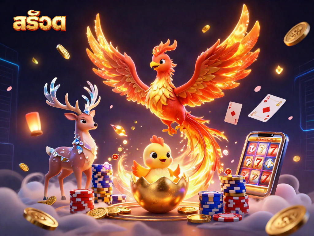 Experience สล็อต gaming excitement with a fiery phoenix and golden treasures in a vibrant casino scene.