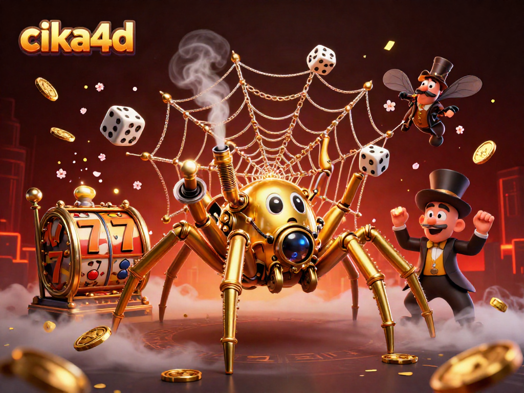 Engage with cika4d as the golden spider captures lucky dice in a vibrant steampunk casino scene.