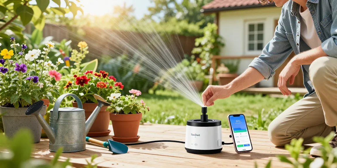 Person setting up a rainpoint automatic watering system in a vibrant home garden.