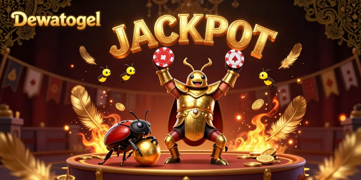 Dewatogel's victorious beetle champion lifts a poker chip amidst a glimmering gambling arena.