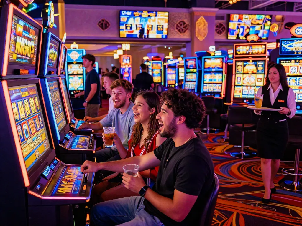 Exciting casino scene with friends playing MEGA SLOT machine, colorful lights and joyful atmosphere