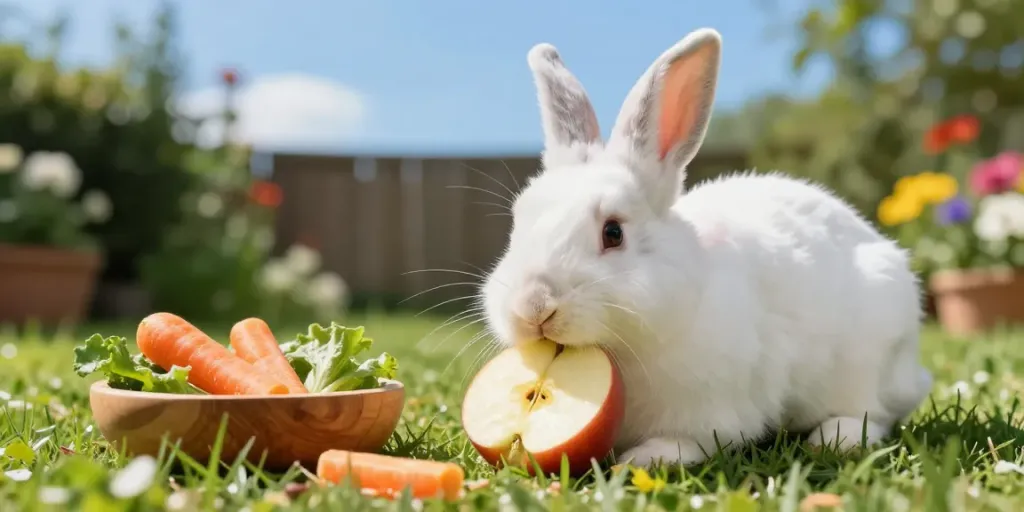 Can rabbits eat apples? Playful bunny enjoying small apple slice in sunny garden.