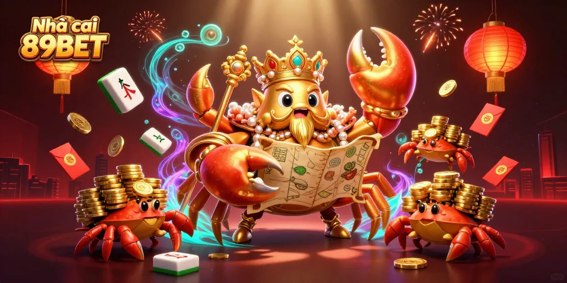 Engage with Nhà cái 89BET through a vibrant 3D casino illustration showcasing a golden crab emperor and exciting game elements.