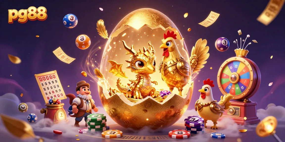pg88 showcases a magical scene with a golden dragon and poker chips amidst lottery excitement.