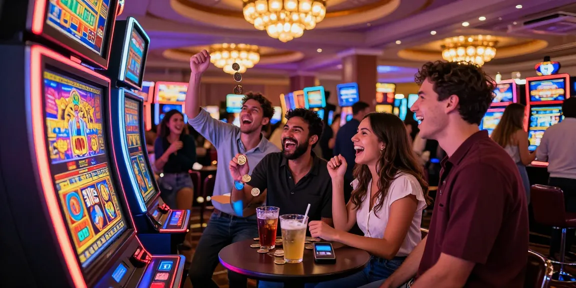 Friends celebrating a win at a slot machine in a lively casino atmosphere.