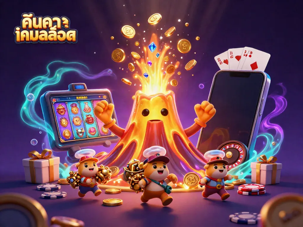 Experience the excitement of ค้นหาเกมสล็อต with a golden volcano erupting coins and treasures in a vibrant casino-themed scene.