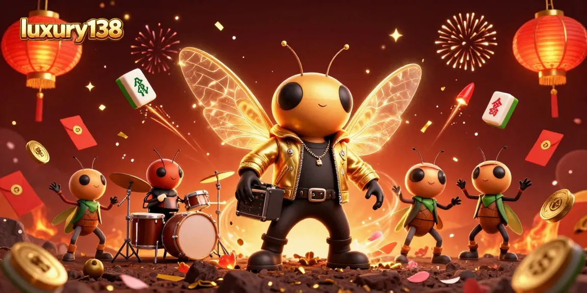 Play thrilling casino games with luxury138 featuring a rock star cicada and vibrant game elements.