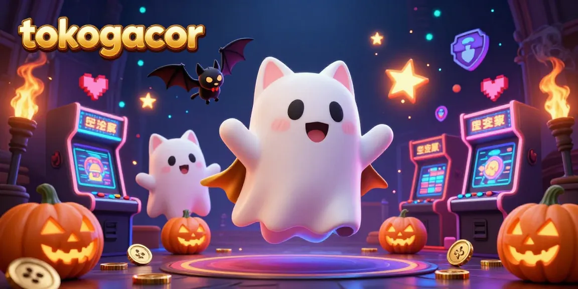 Permainan slot yang mudah dan menarik di tokogacor yang dikelilingi oleh kucing hantu dan lentera jack-o-lantern.