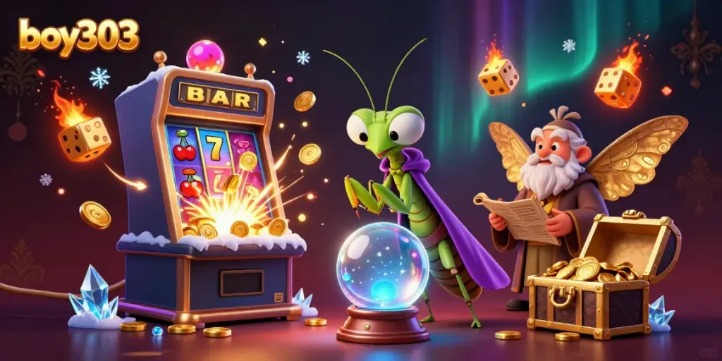 Experience the thrill of boy303 slots with a 3D whimsical illustration featuring characters and dynamic casino elements.