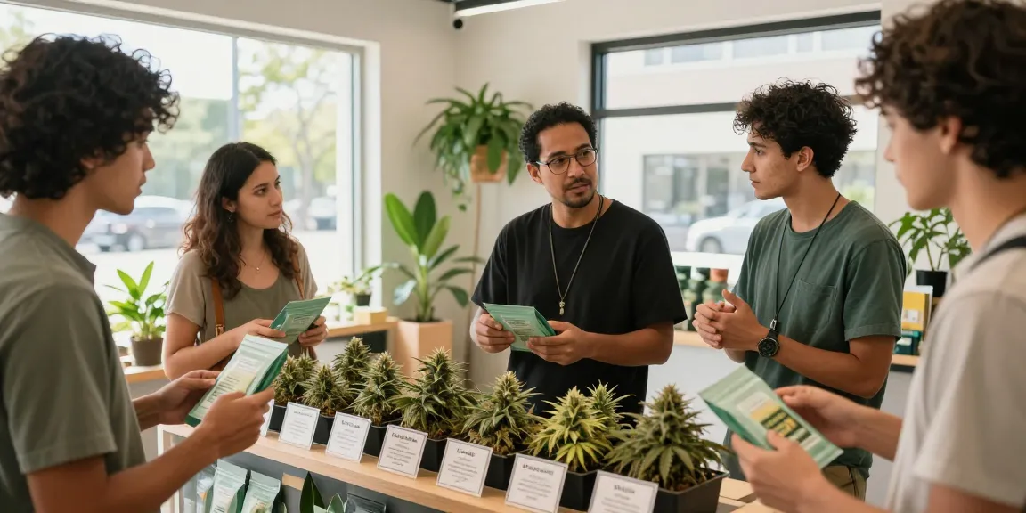 Where Can I Find Top Shelf Cali weed in the UK? Customers engaging in a vibrant urban dispensary while exploring top-shelf cannabis strains.