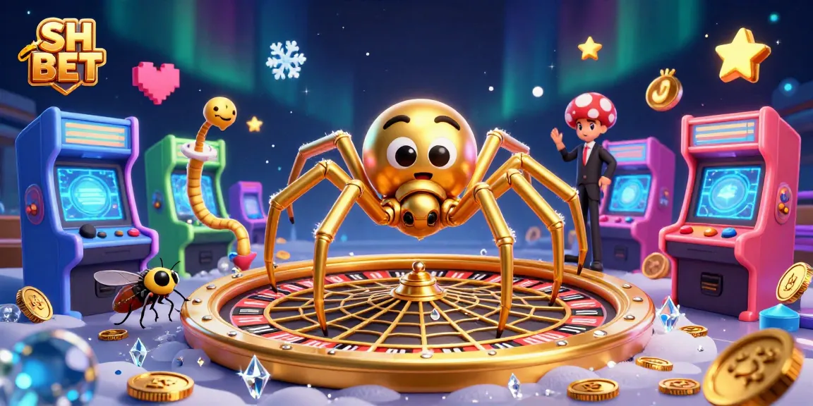 Experience excitement with SH BET as a golden spider spins a roulette wheel in a vibrant casino scene.